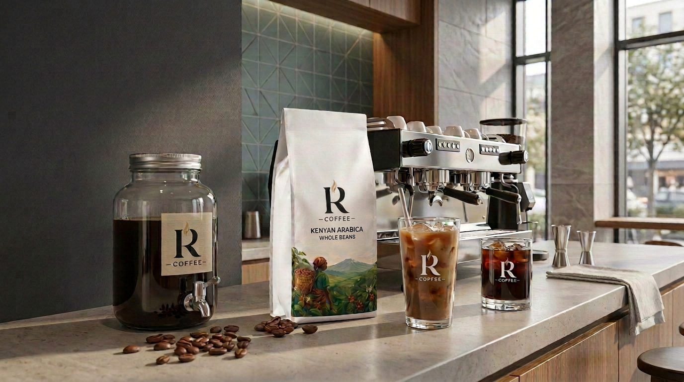Iced coffee & cold brew prepared at a coffee bar with R Coffee branded cups and packaging
