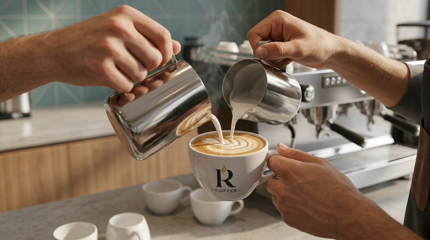 Latte & cappuccino prepared at a coffee bar with R Coffee branded cups and packaging