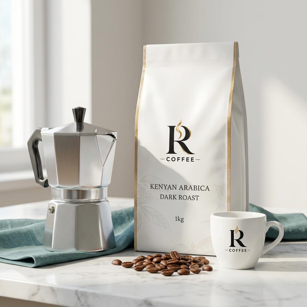 R Coffee branded packaging and cup with moka pot brewer