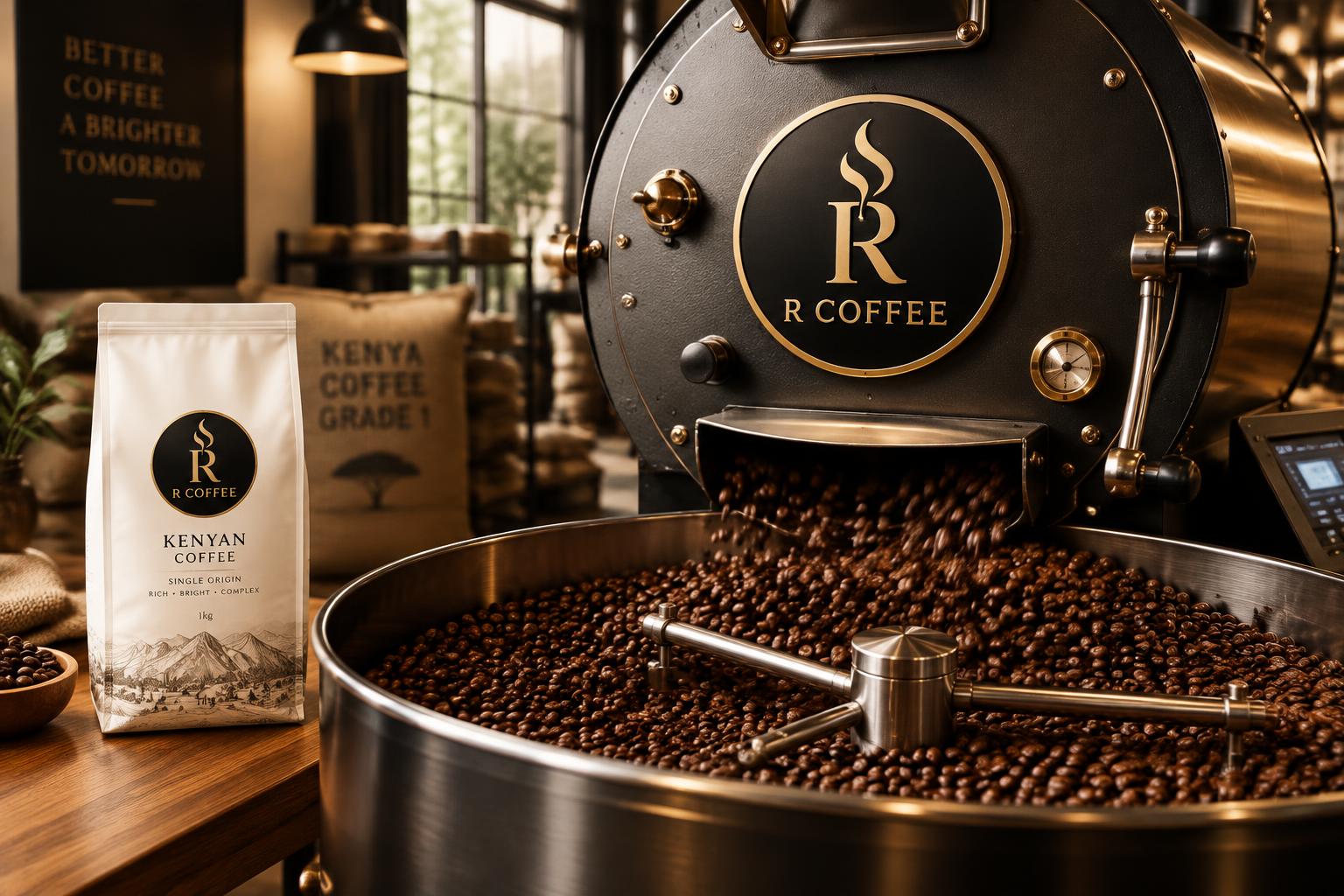R Coffee roasting machine freshly roasting Kenyan beans, branded with the R Coffee logo